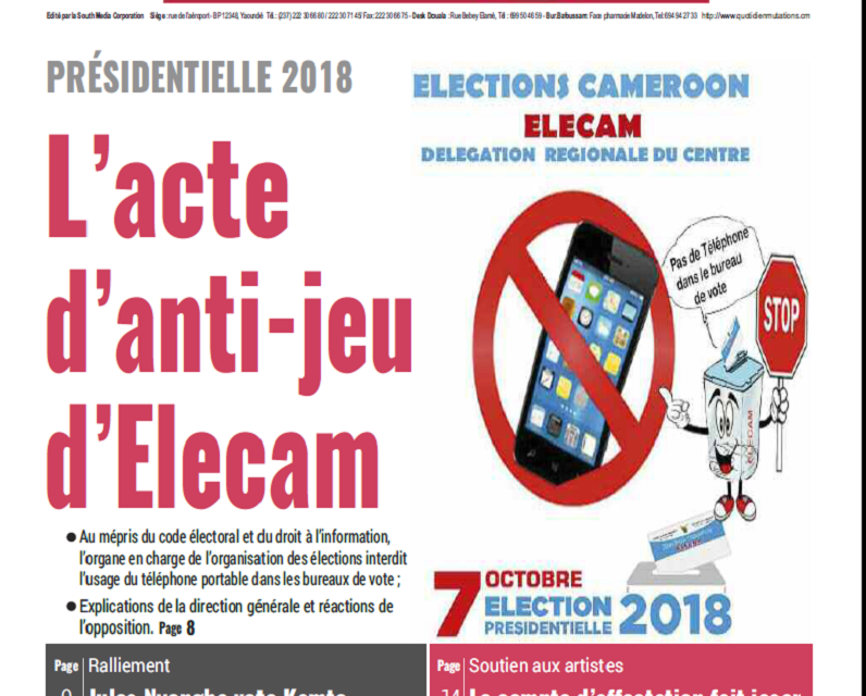 Cameroun : Journal Mutations quotidien parution 26 septembre 2018